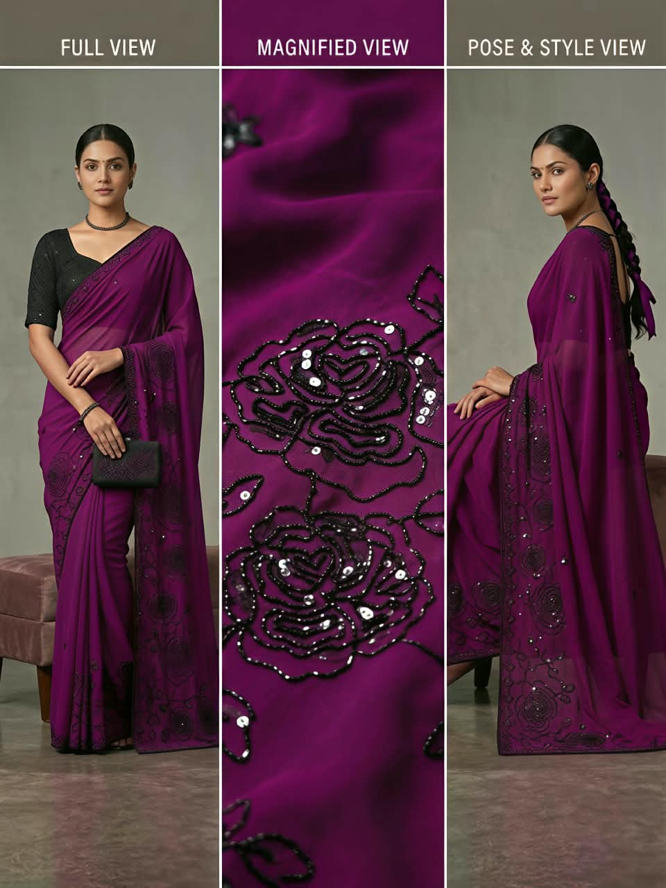 Premium Star Georgette Saree with Black Sequin & Thread Embroidery and Matching Blouse