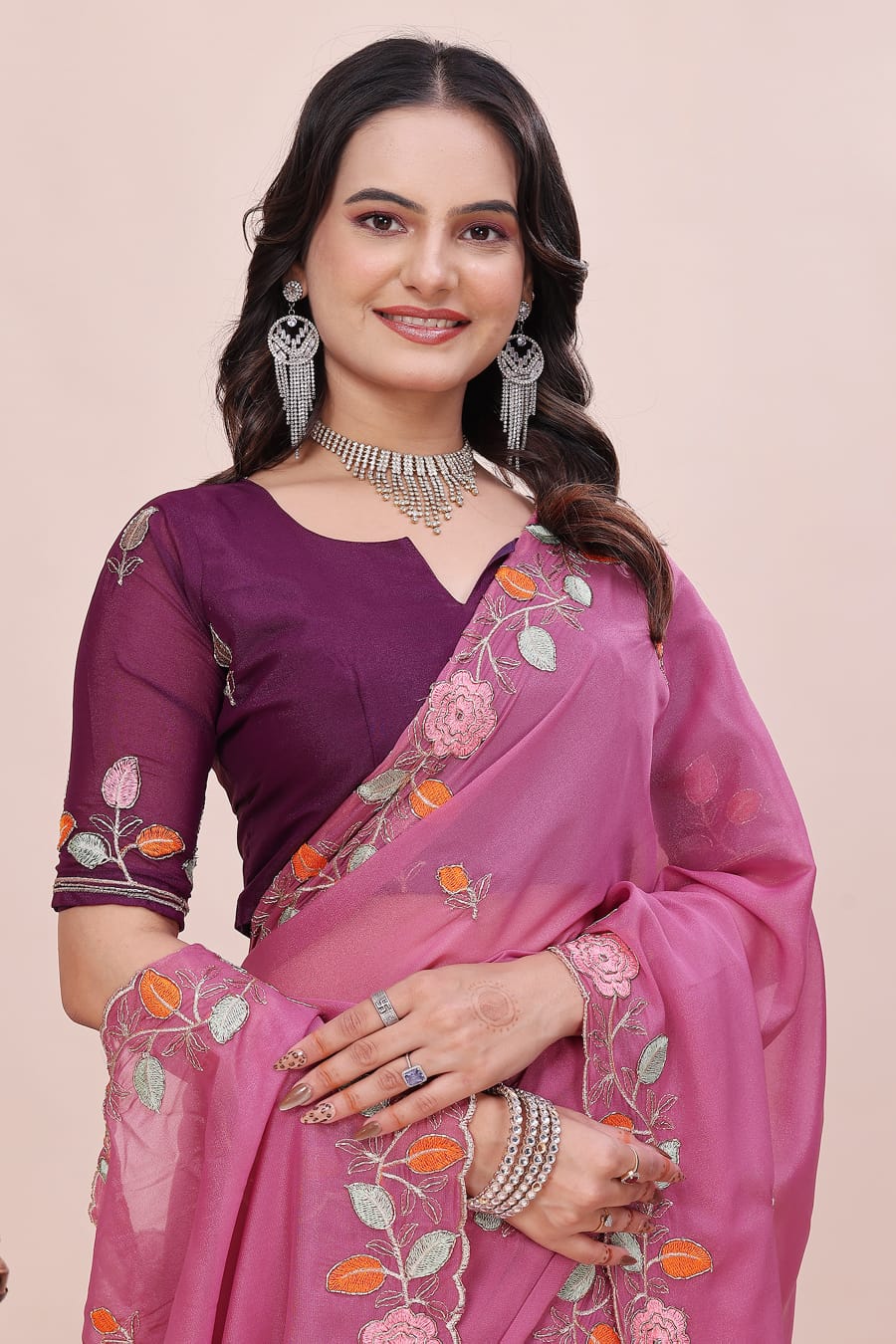 Rose Petal Embroidered Star Georgette Saree with Beads Work Border