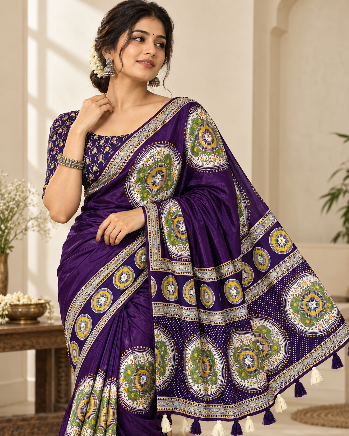 Premium Ajrakh Designer Crepe Silk Saree with Circular Motif Print & Tassel Border
