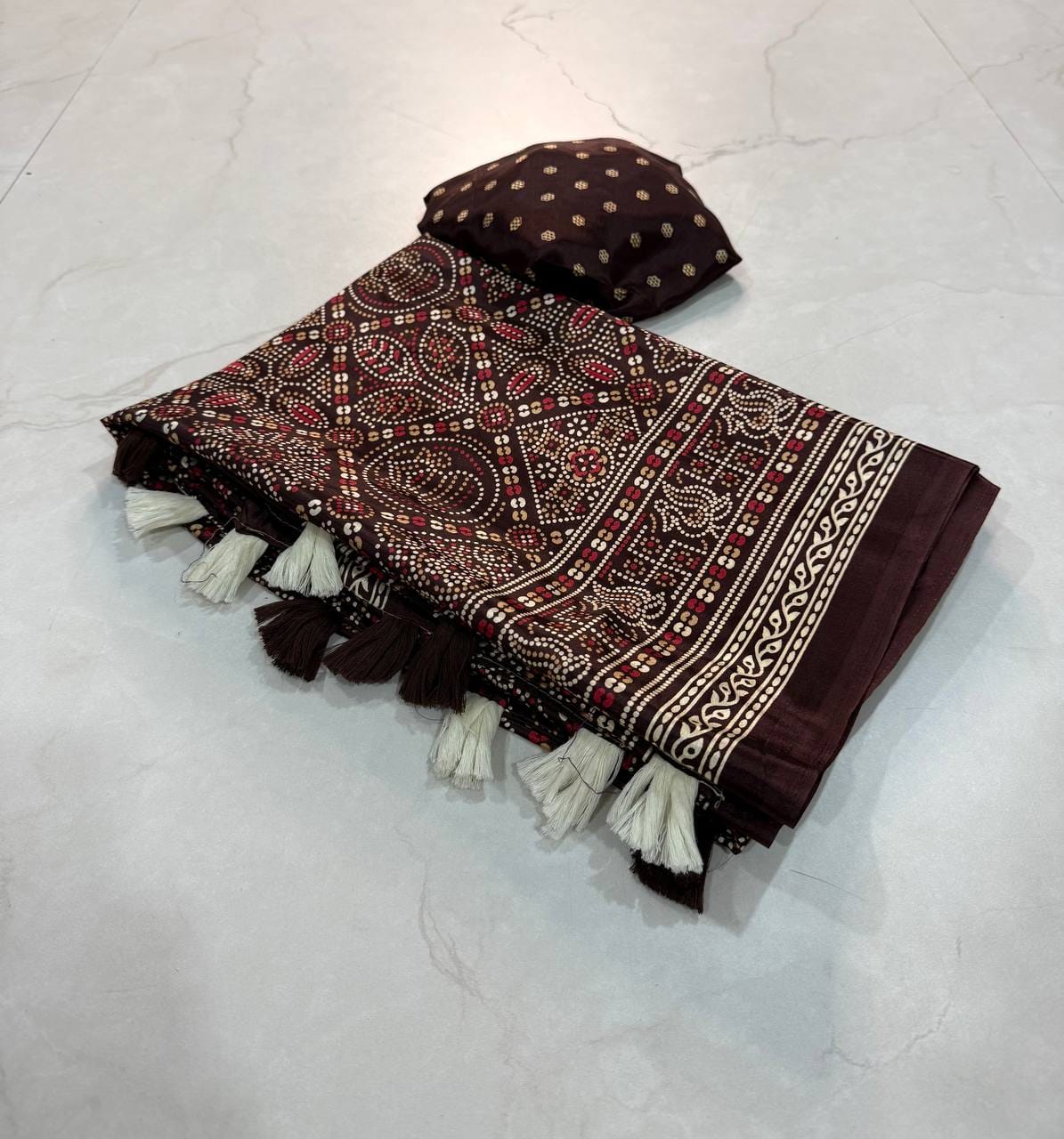 Premium Ajrakh Designer Crepe Silk Saree with Traditional Bandhani-Inspired Print & Tassel Border