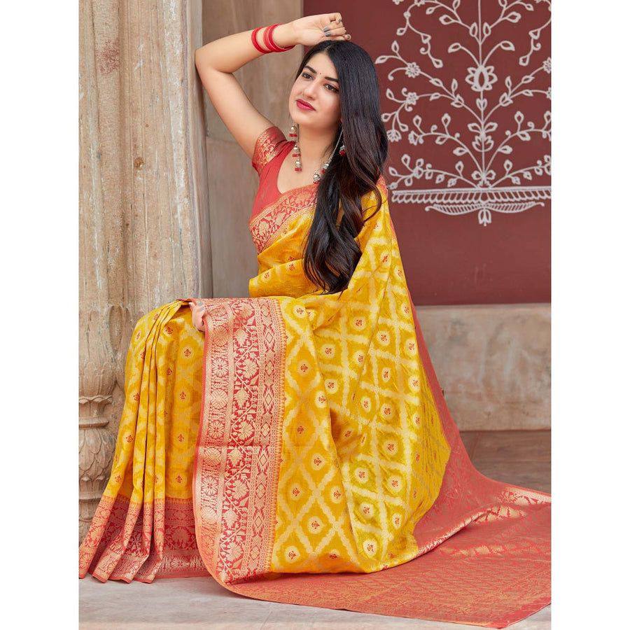 Yellow Banarasi Silk Saree with Red Border and Unstitched Blouse