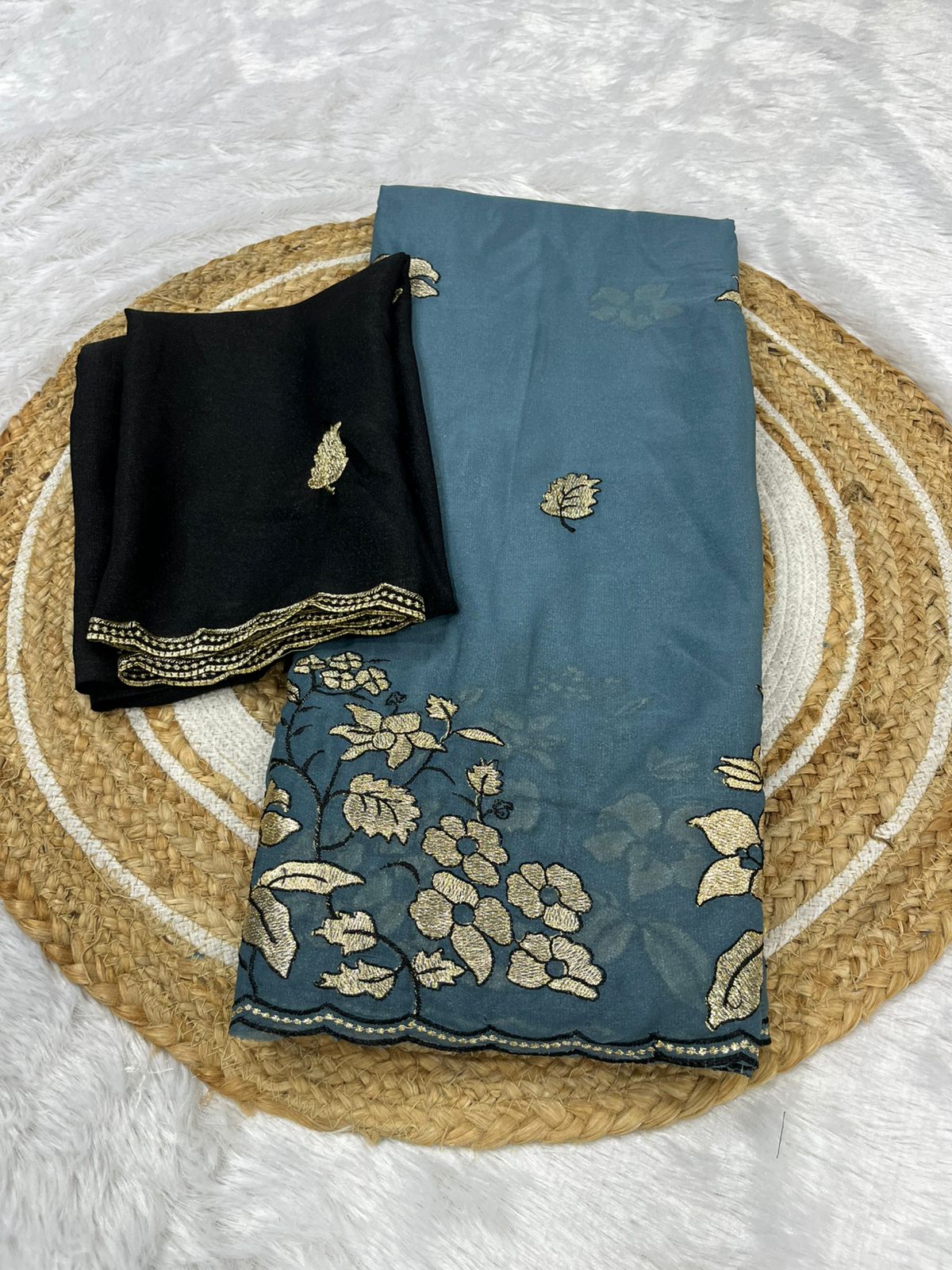 Women's Premium Star Galaxy Embroidered Saree with Designer Black Blouse