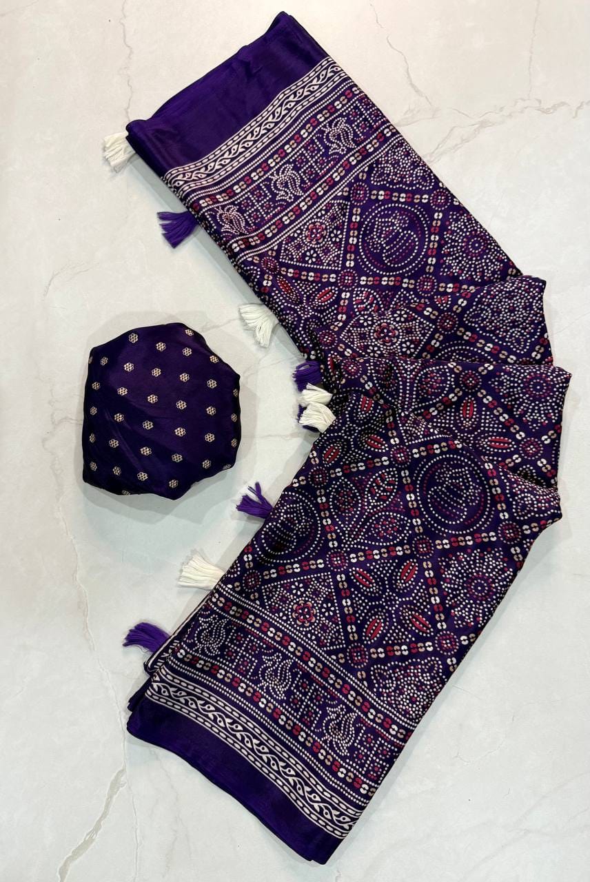 Premium Ajrakh Designer Crepe Silk Saree with Traditional Bandhani-Inspired Print & Tassel Border