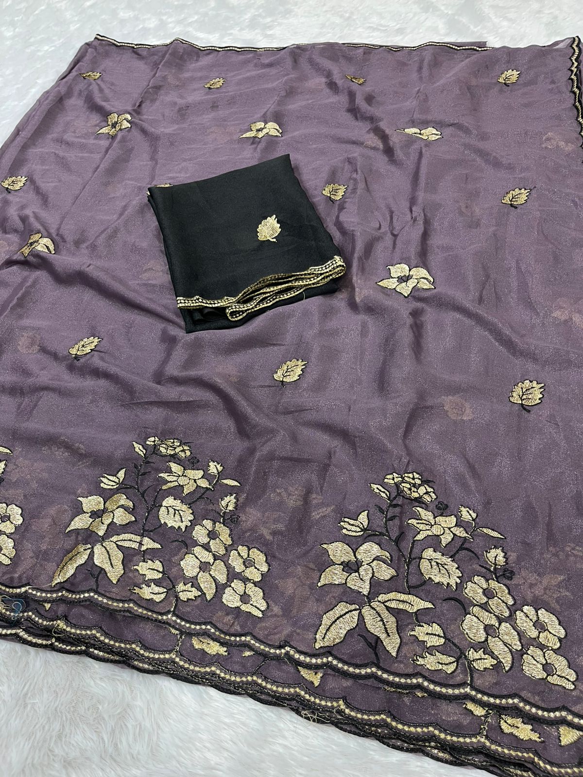 Women's Premium Star Galaxy Embroidered Saree with Designer Black Blouse