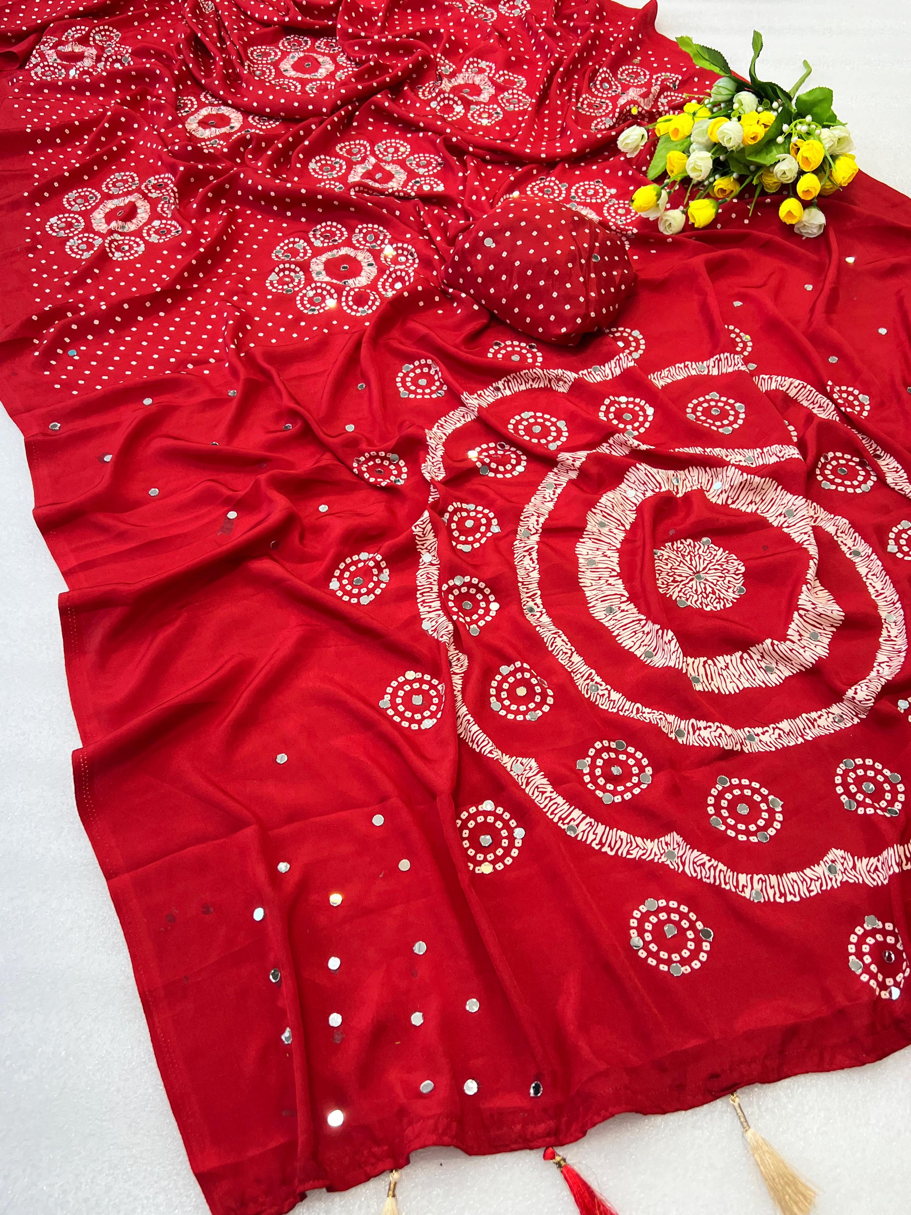 Premium Moss Satin Ajrakh Saree with 2,500 Mirror Work & Matching Blouse
