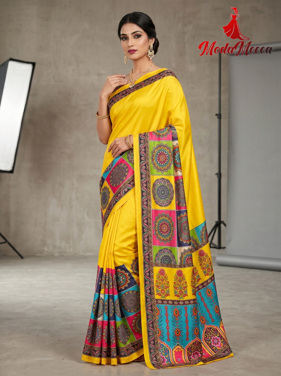 Women's Sunshine Yellow Designer Saree with Mandala Digital Print & Heritage Pallu | Premium Festive Wear Saree