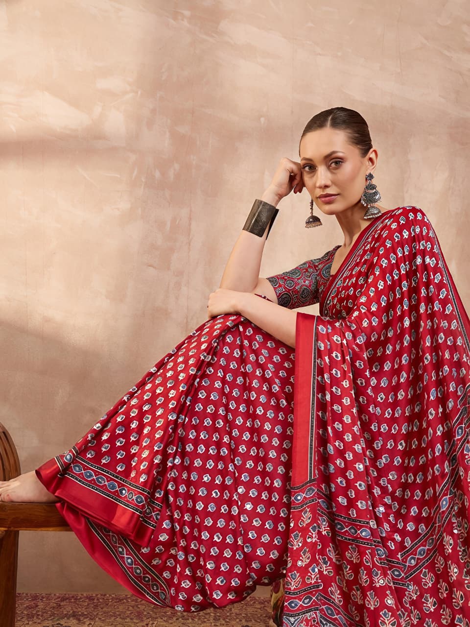 Aaina Vol 6 Silk Crepe Saree with Ethnic Ajrak Print & 1600 Mirror Work
