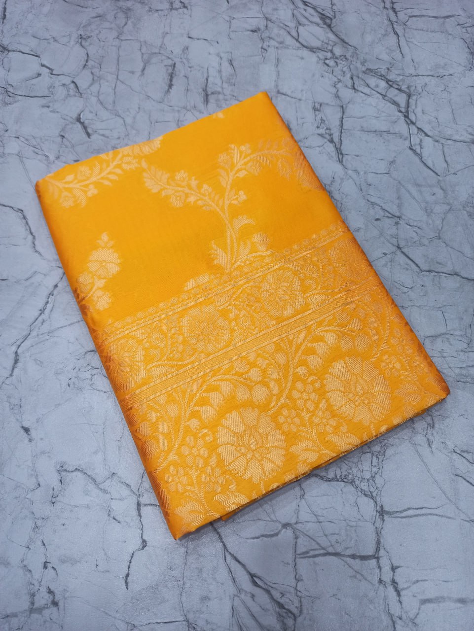 Yellow Banarasi Silk Saree with Golden Floral Weaving and Green Blouse