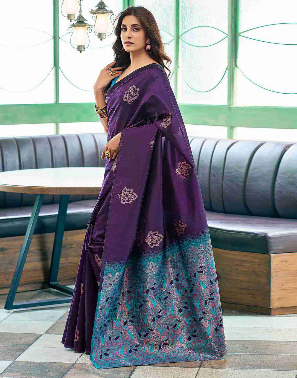 Purple Silk Saree with Blue Embroidered Border