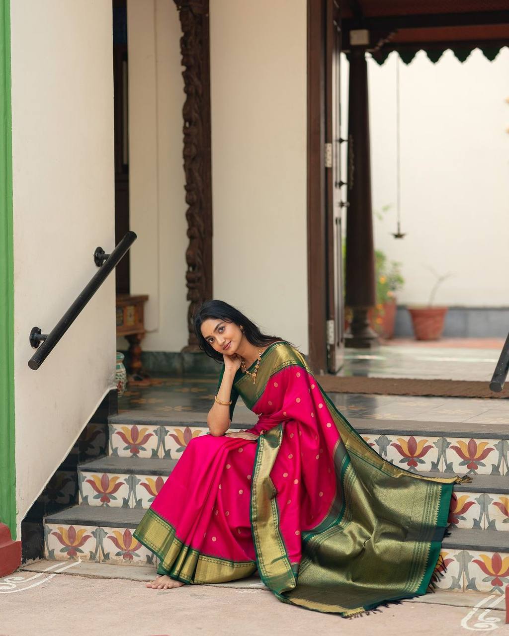 Traditional Pink Silk Saree with Golden Zari Border