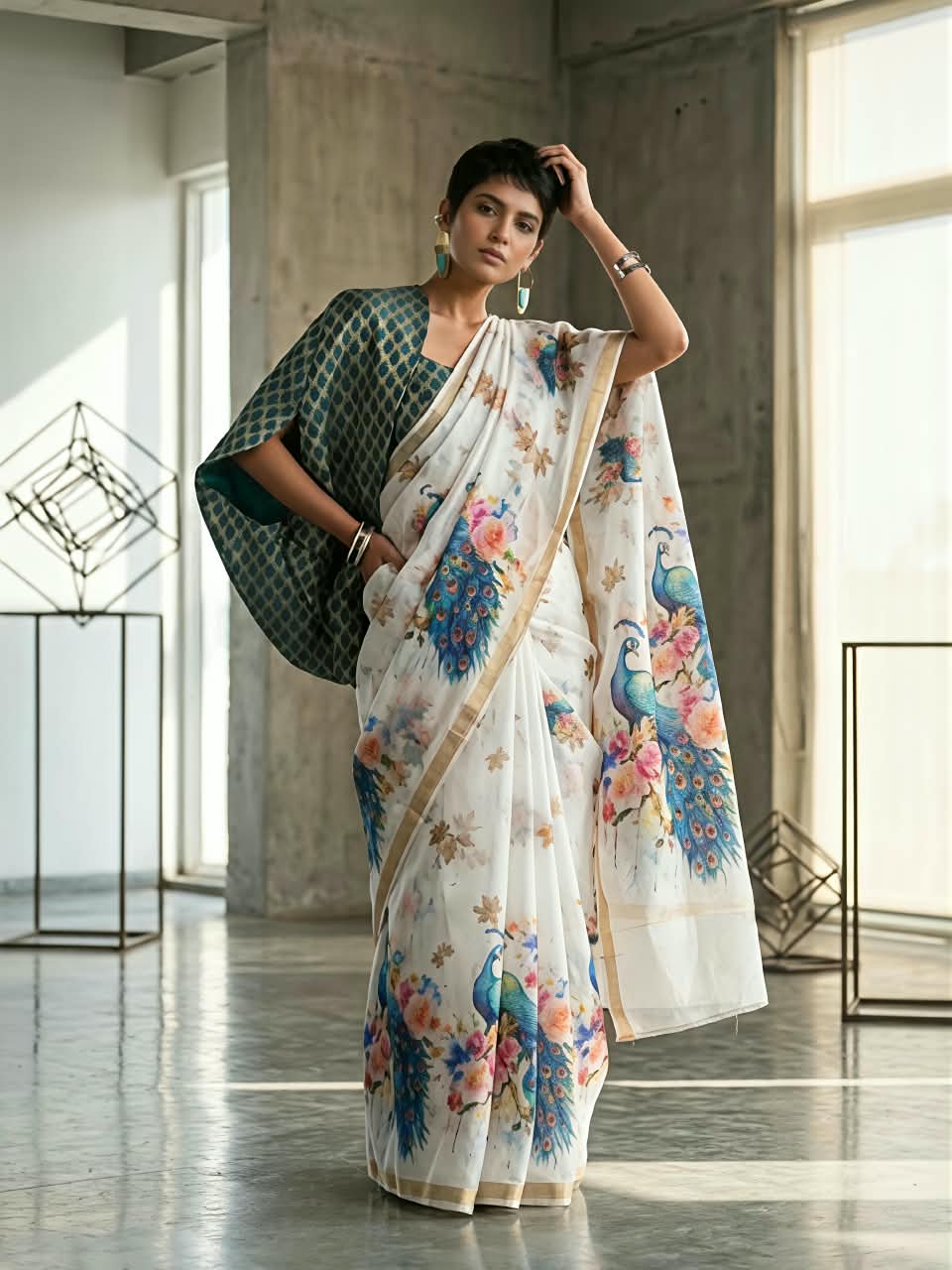Premium Slub Cotton Saree with Peacock Digital Print, Golden Zari Border & Matching Blouse Piece
