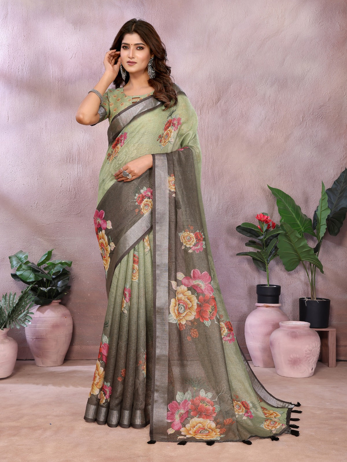 Floral Elegance Linen Shimmer Saree with Designer Printed Border & Tassel Pallu