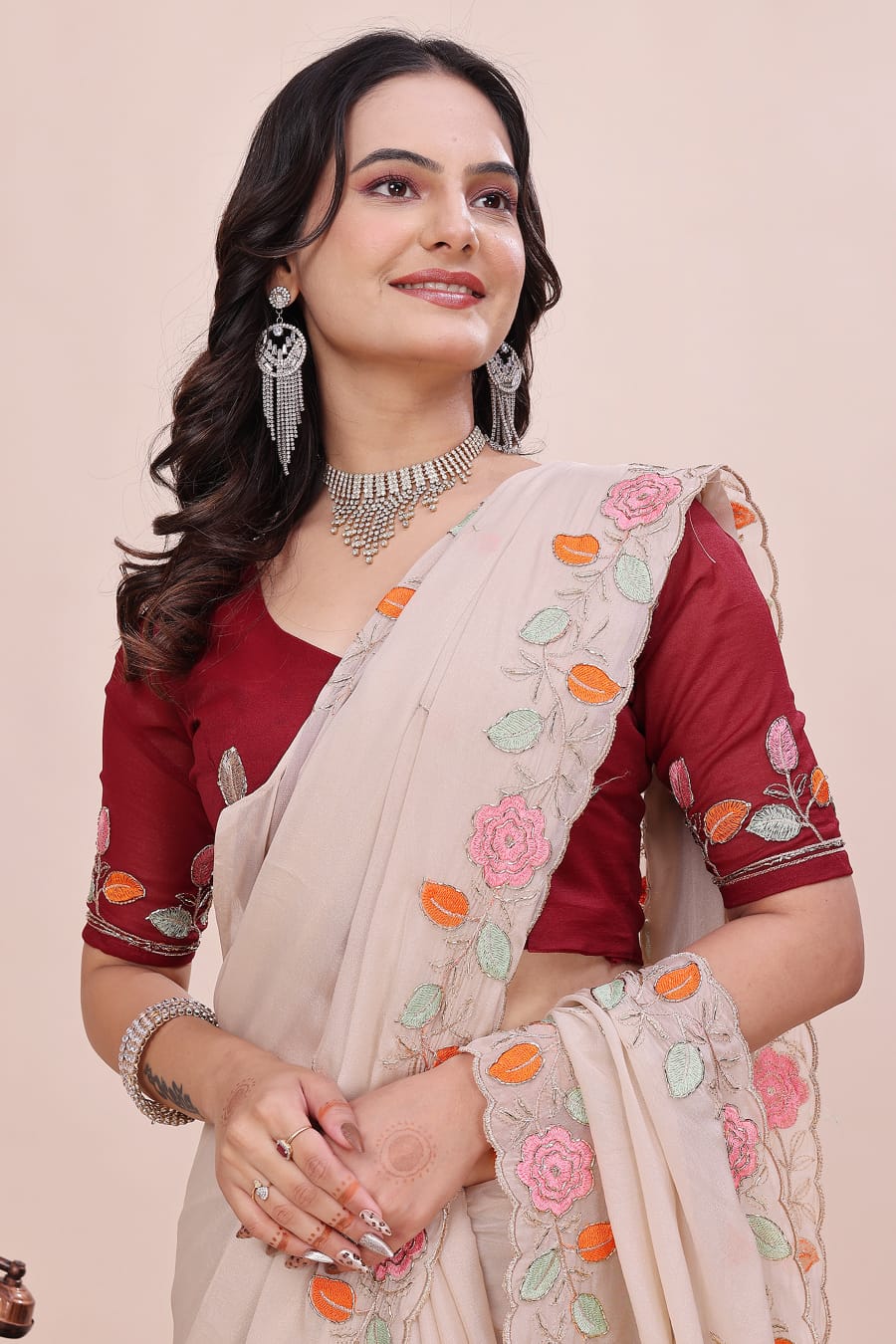 Rose Petal Embroidered Star Georgette Saree with Beads Work Border