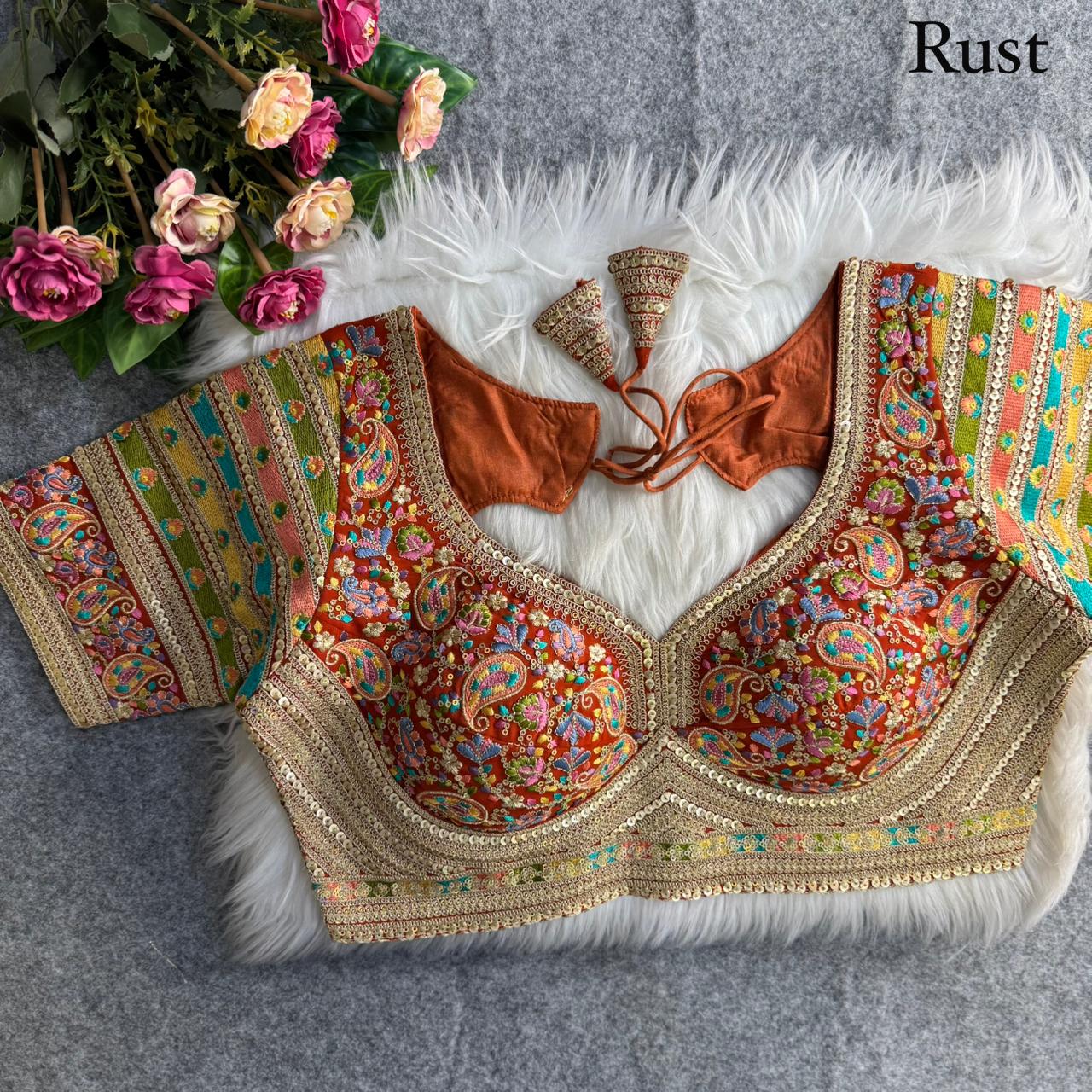 Premium Kashmiri-Inspired Antique Thread Work Blouse – Fox Georgette | Heavy Padded | 38–40