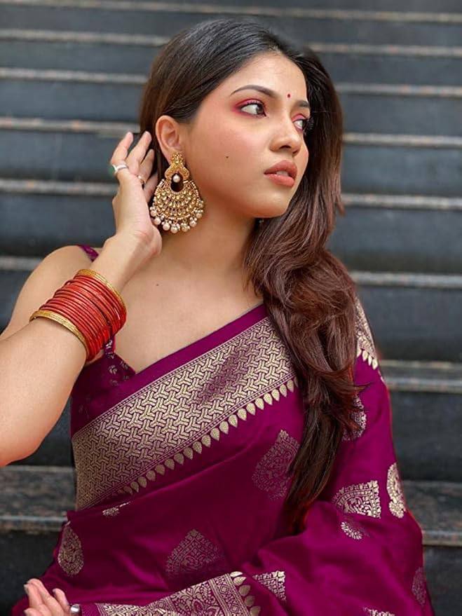 Magenta Banarasi Silk Saree with Golden Zari Work