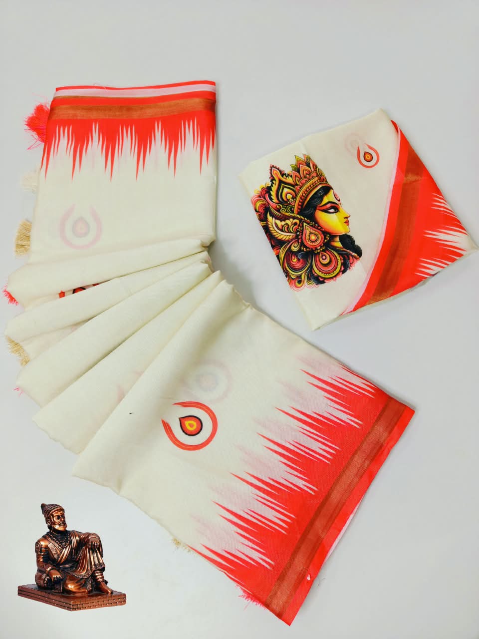 Durga Pooja Cotton Saree with Gold Pattu Border, Pallu & Matching Blouse