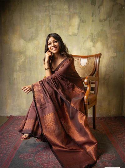 Brown Kanjivaram Silk Saree with Golden Zari Border