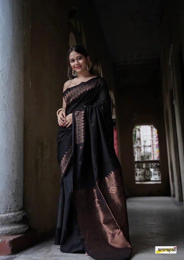 Elegant Black Silk Saree with Copper Zari Border