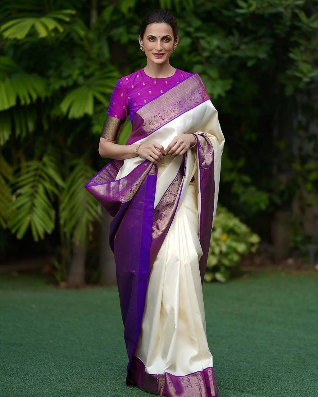 Elegant Off White Silk Saree with Purple Zari Border and Blouse