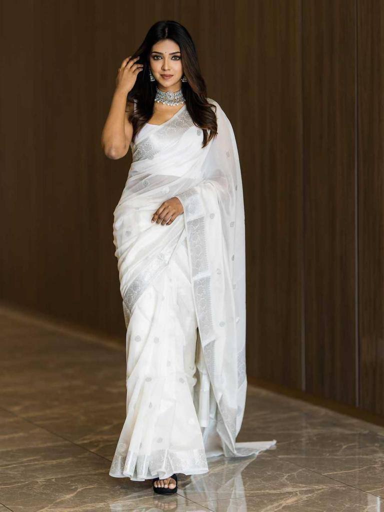 Elegant White Organza Saree with Silver Embellishments