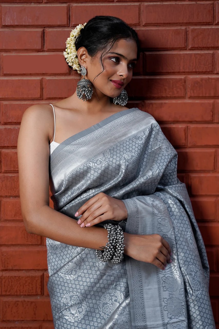 Grey Banarasi Silk Saree with Silver Zari Work