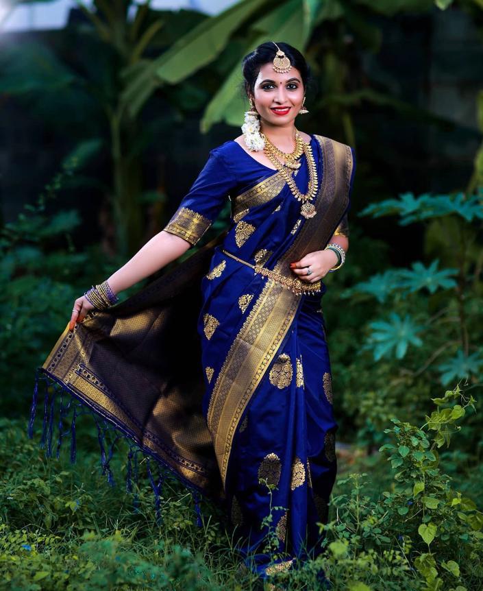 Royal Blue Kanjivaram Silk Saree with Golden Zari Motifs and Border