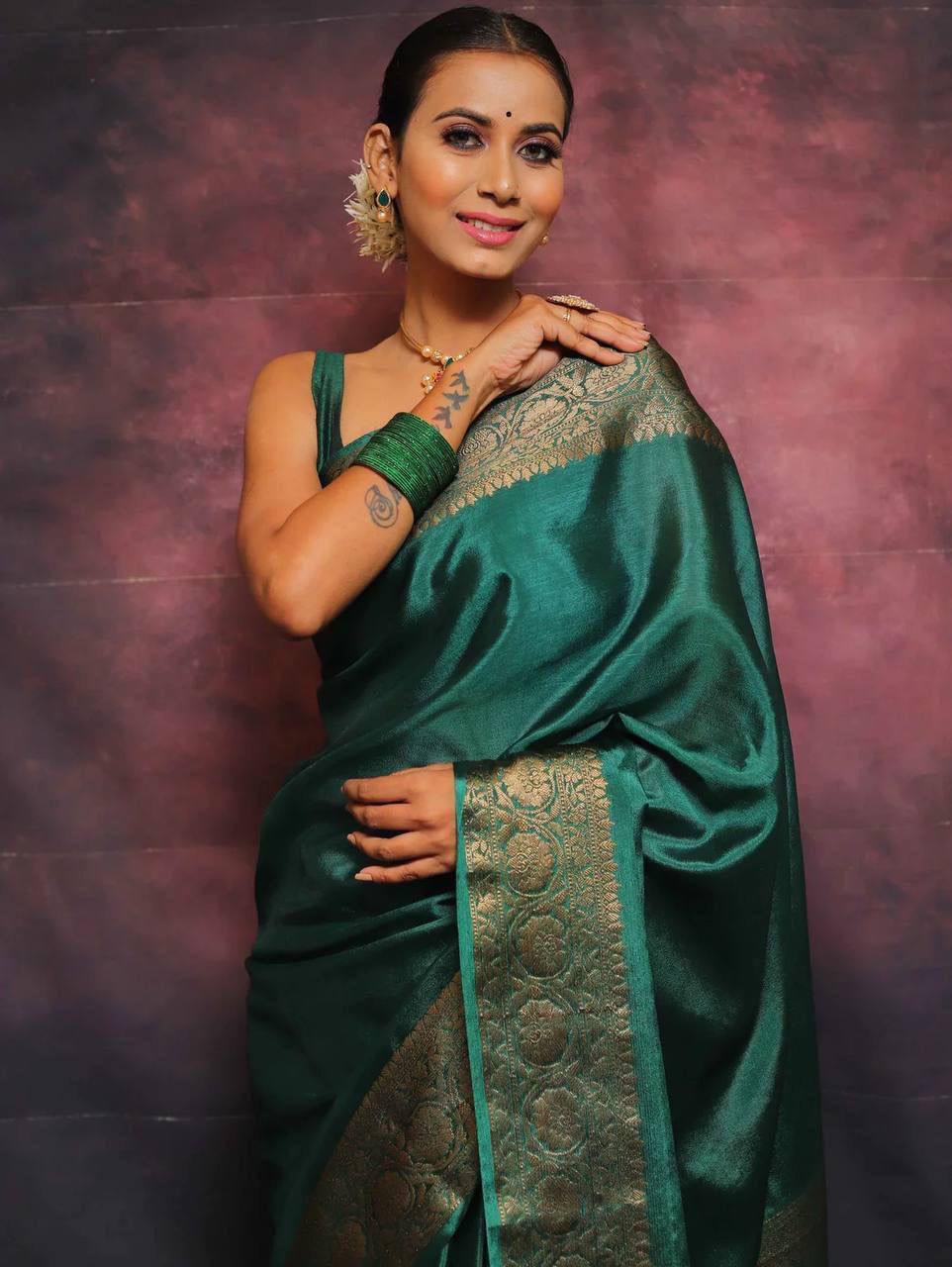 Elegant Green Silk Saree with Golden Zari Border