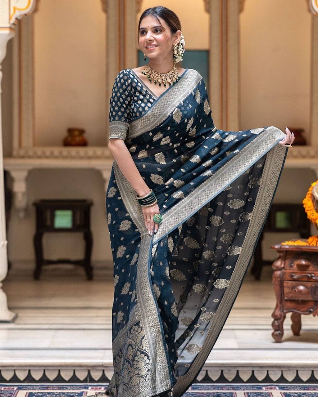 Elegant Navy Blue Banarasi Silk Saree with Golden Zari Work and Contrast Blouse