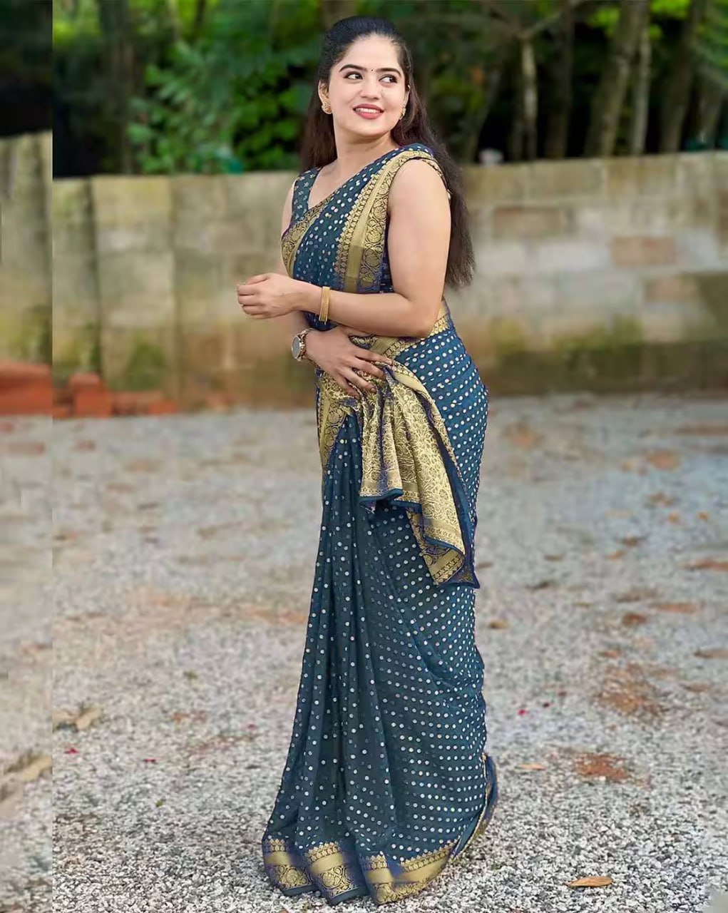 Elegant Teal Blue Polka Dot Silk Saree with Gold Border