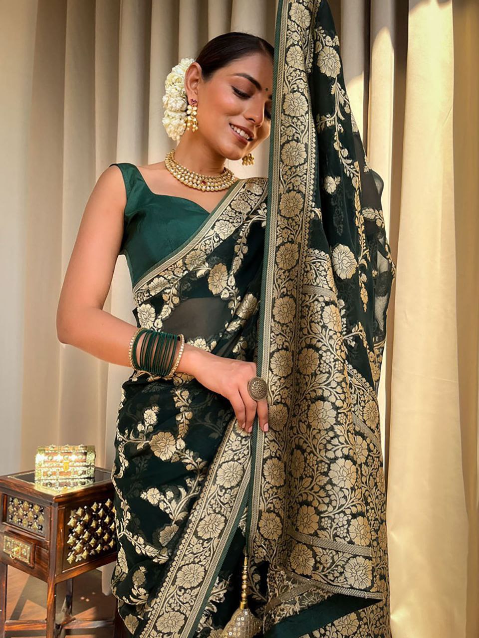 Black and Gold Banarasi Silk Saree with Floral Zari Work