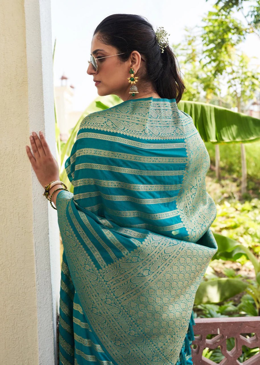 Elegant Sea Green Banarasi Silk Saree with Golden Zari Stripes