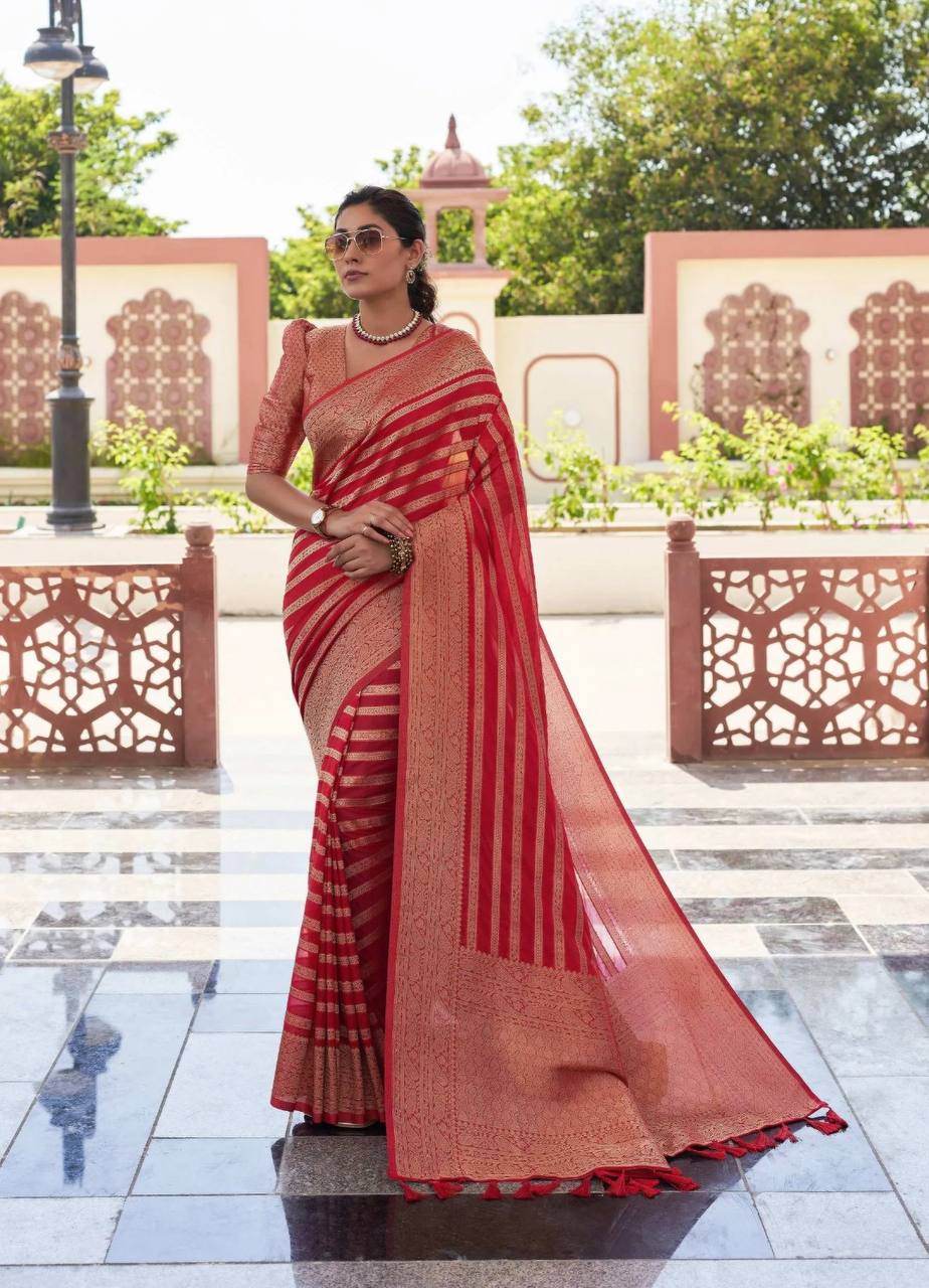 Red Banarasi Silk Saree with Golden Zari Stripes