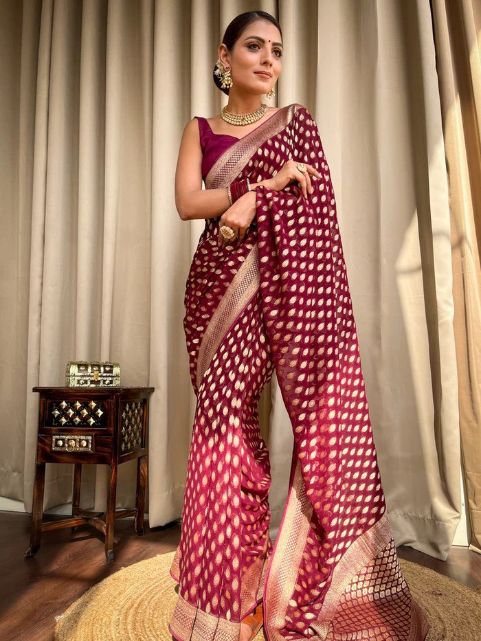 Maroon Banarasi Silk Saree with Golden Zari Weave and Contrast Blouse