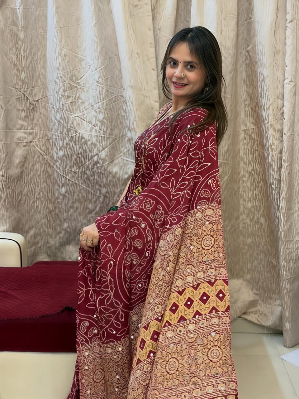 Aaina Vol 4 Satin Viscose Saree with Ethnic Ajrak Print & Mirror Work