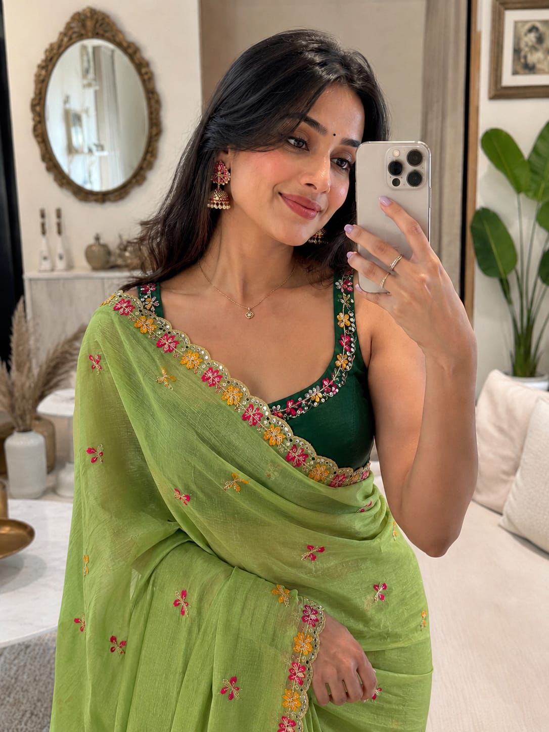 Premium Crunchy Chiffon Embroidered Mirror Work Party Wear Saree