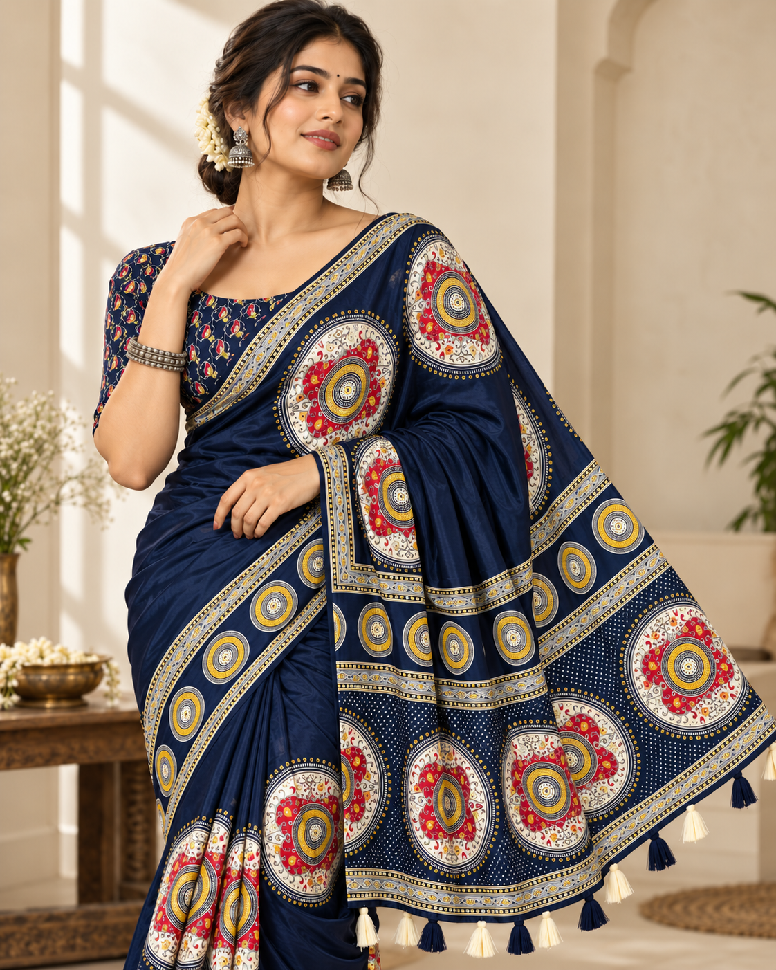Premium Ajrakh Designer Crepe Silk Saree with Circular Motif Print & Tassel Border