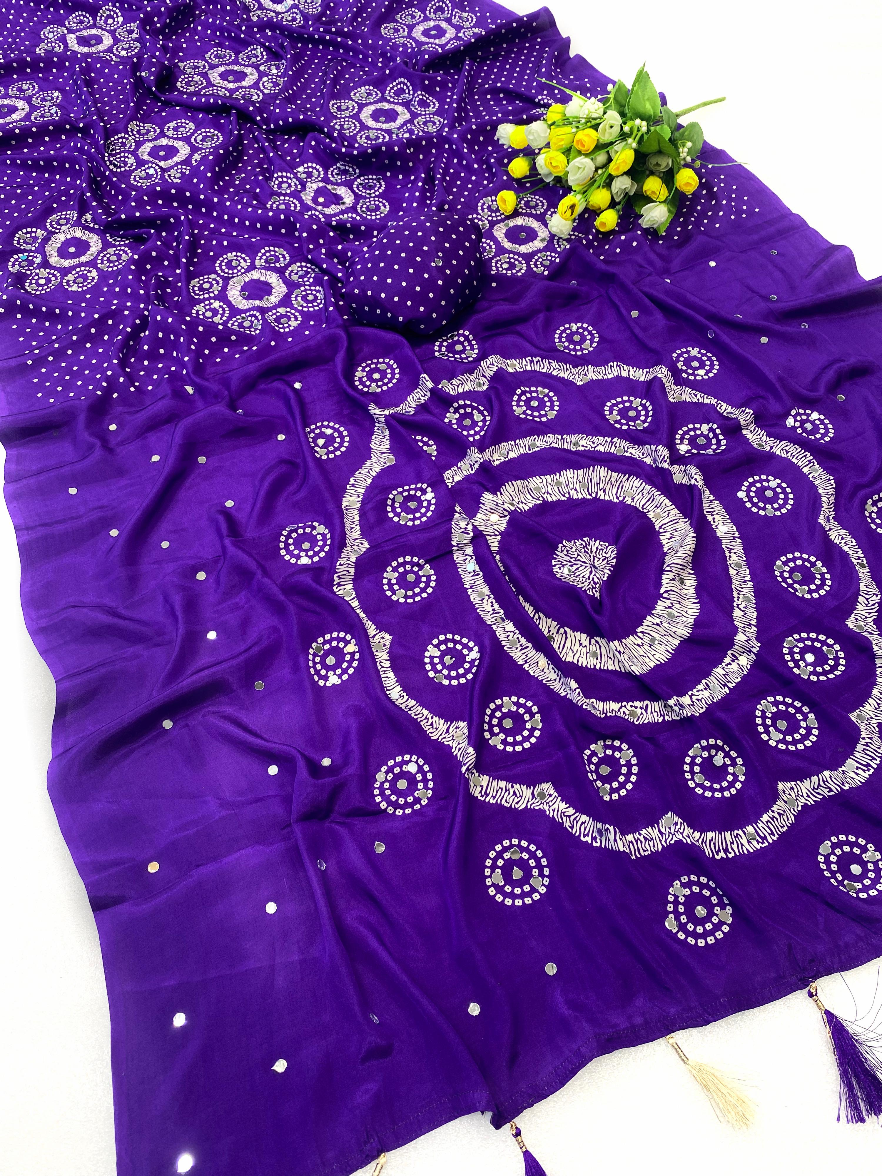 Premium Moss Satin Ajrakh Saree with 2,500 Mirror Work & Matching Blouse