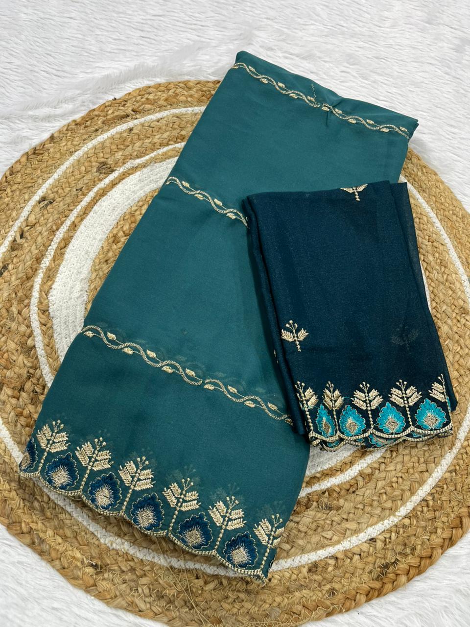 Jhanvi Collection – Premium Star Georgette Saree with Embroidered Border & Contrast Blouse