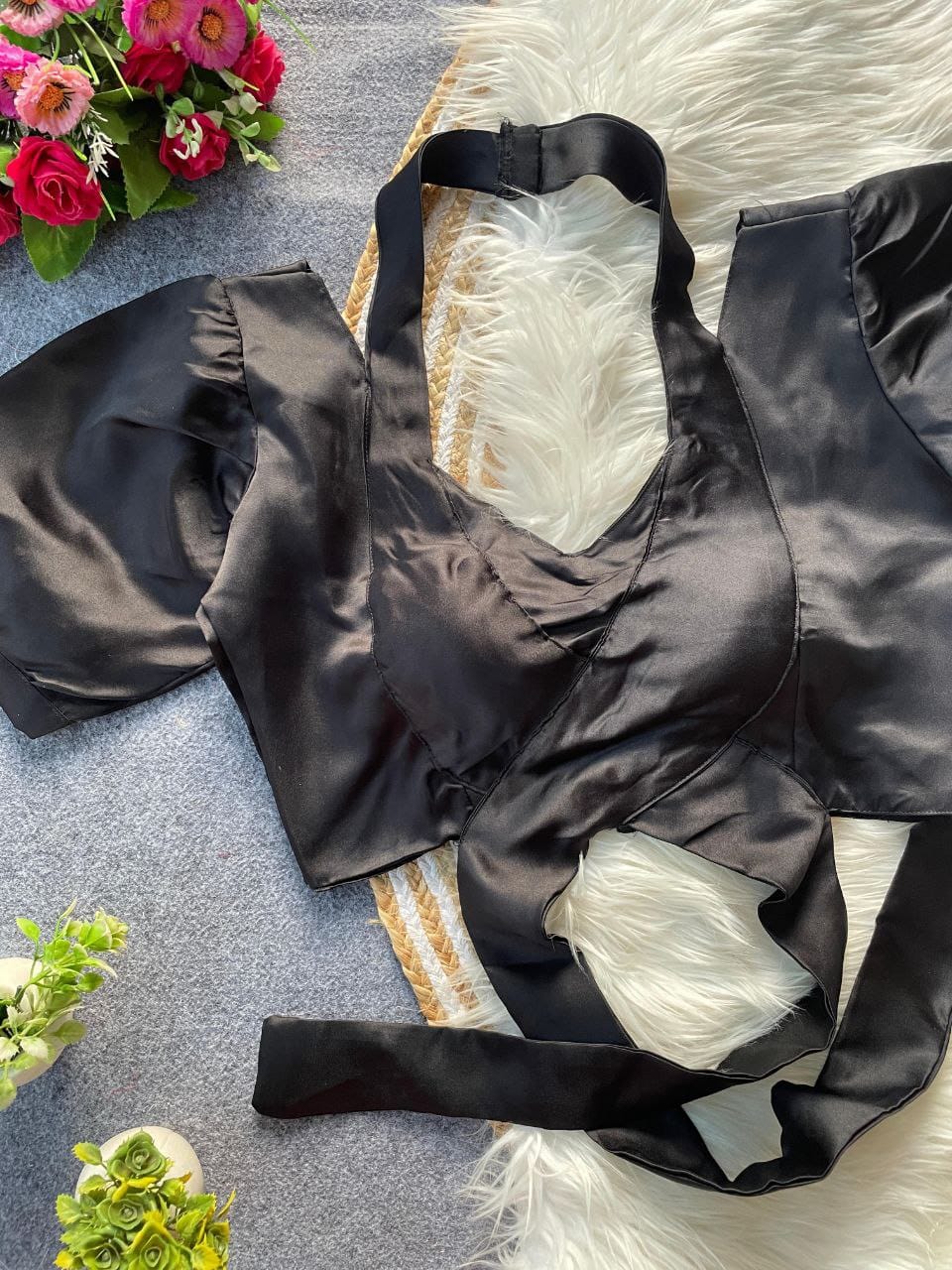 Pure Malai Satin Balloon Sleeve Designer Blouse – Padded with Tie-Up Back | Free Size 38–42