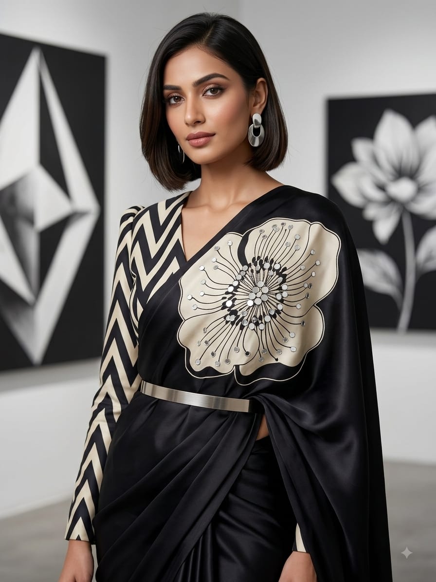 Aaina Silk Crepe Saree with Ethnic Floral Print & Mirror Work
