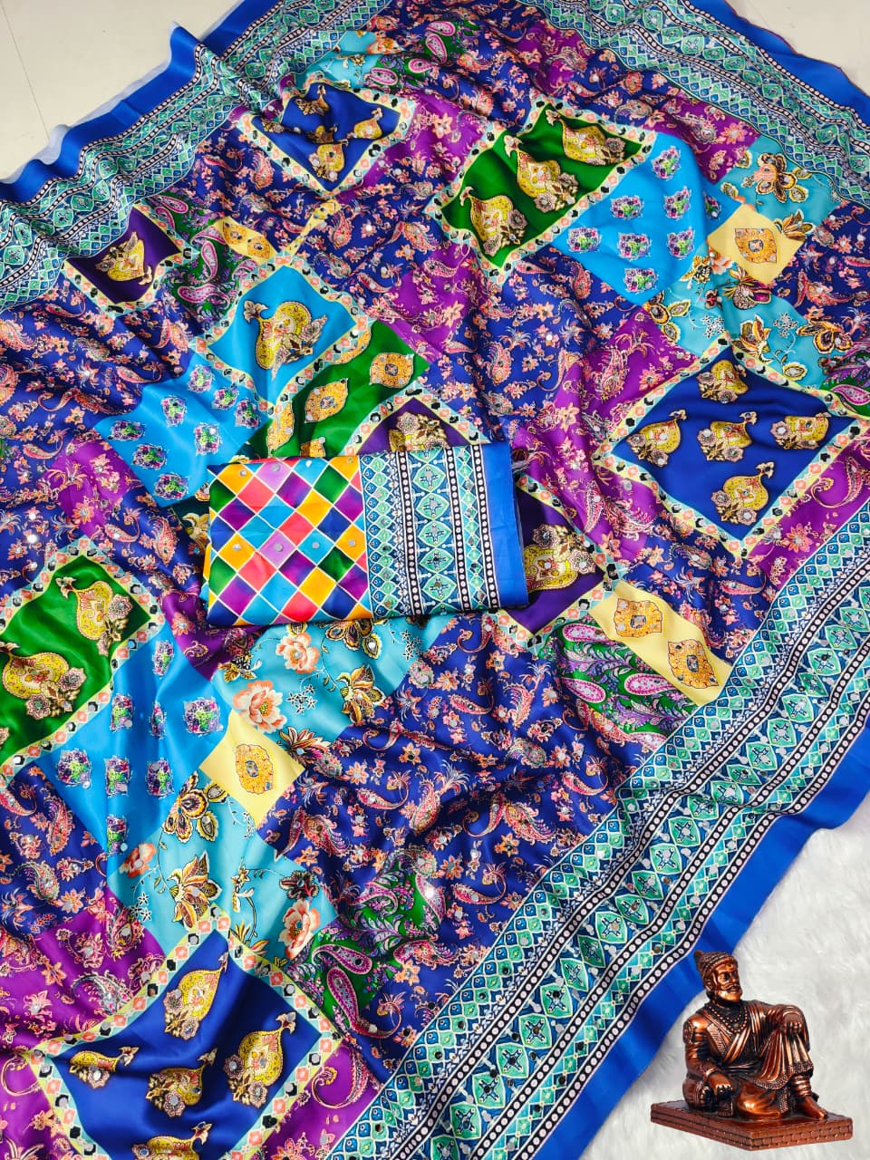 Chamkila Blue Premium Crepe Silk Saree with Rajgharana Culture Digital Print & Mirror Work | Designer Party Wear Saree