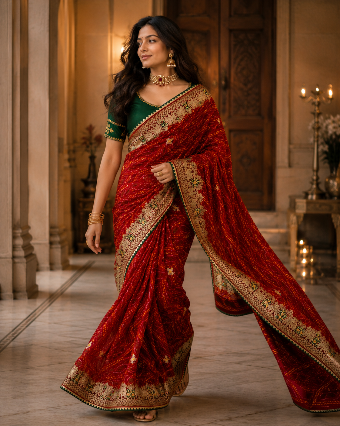Women's Premium Bandhani Saree with Elephant & Peacock Embroidery and Banglori Green Blouse