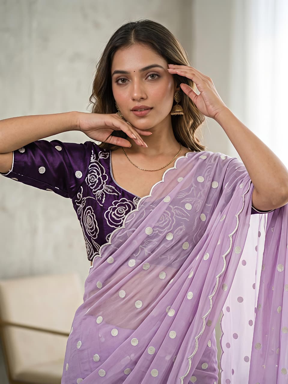 Star Georgette Polka Embroidered Saree with Matching Blouse