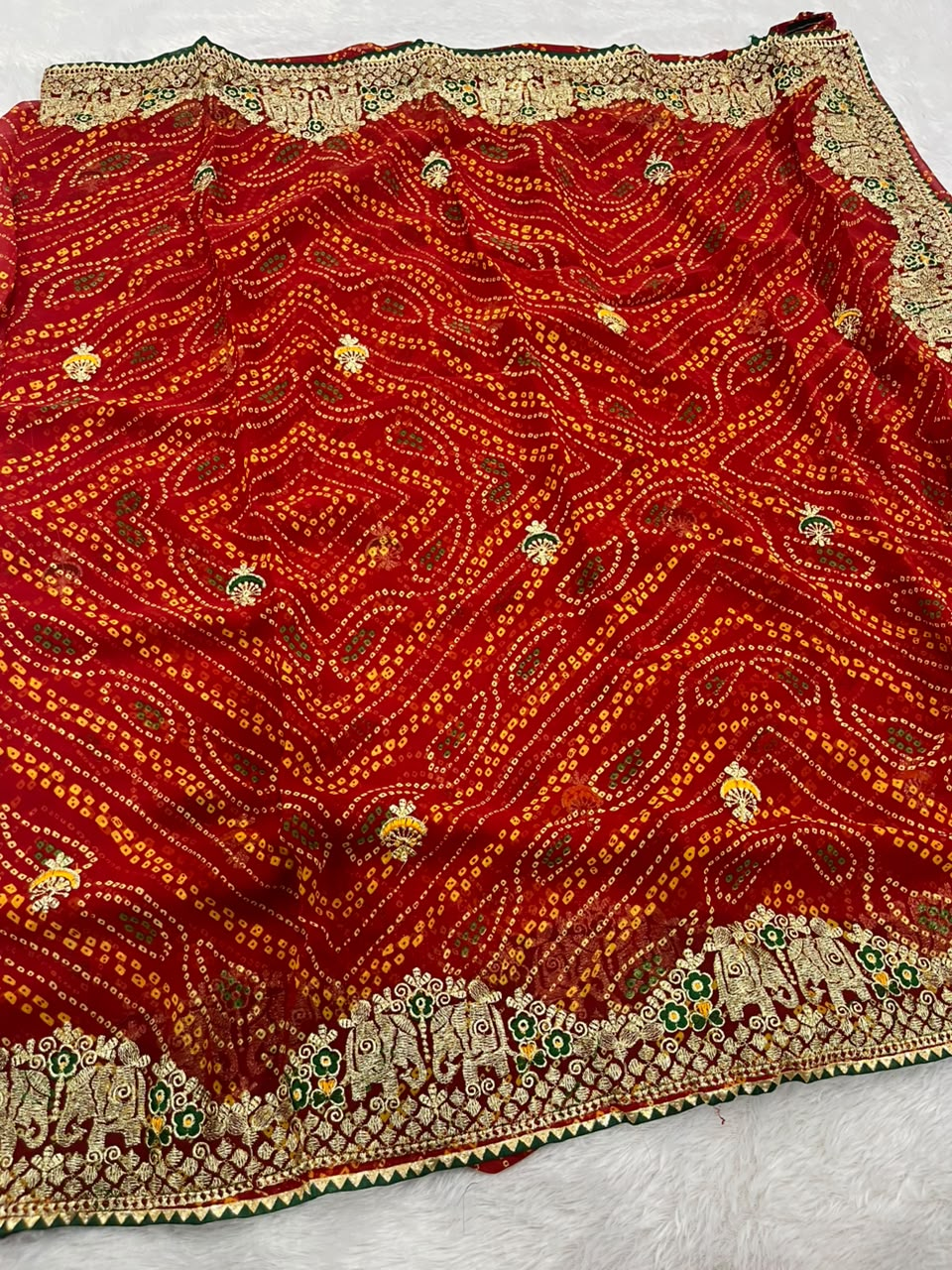 Women's Premium Bandhani Saree with Elephant & Peacock Embroidery and Banglori Green Blouse