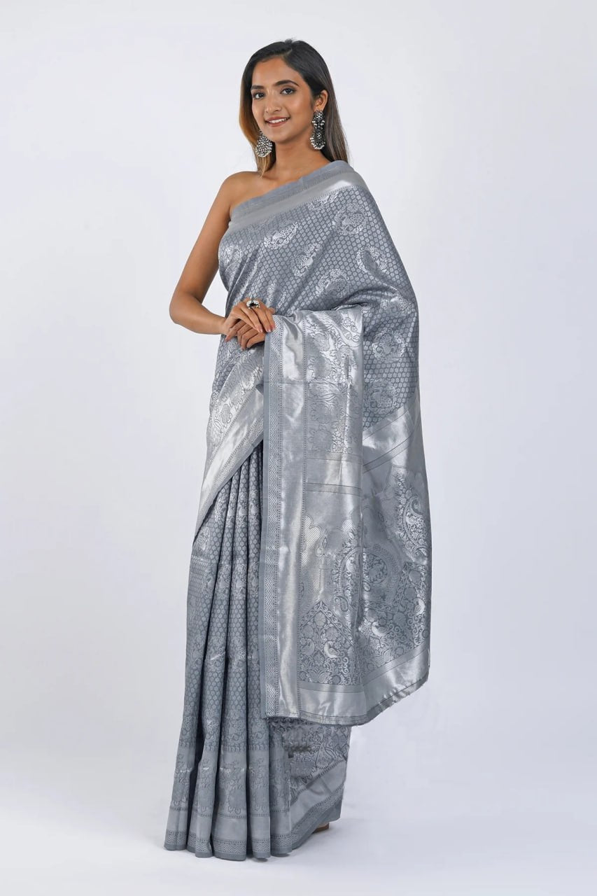 Grey Banarasi Silk Saree with Silver Zari Work