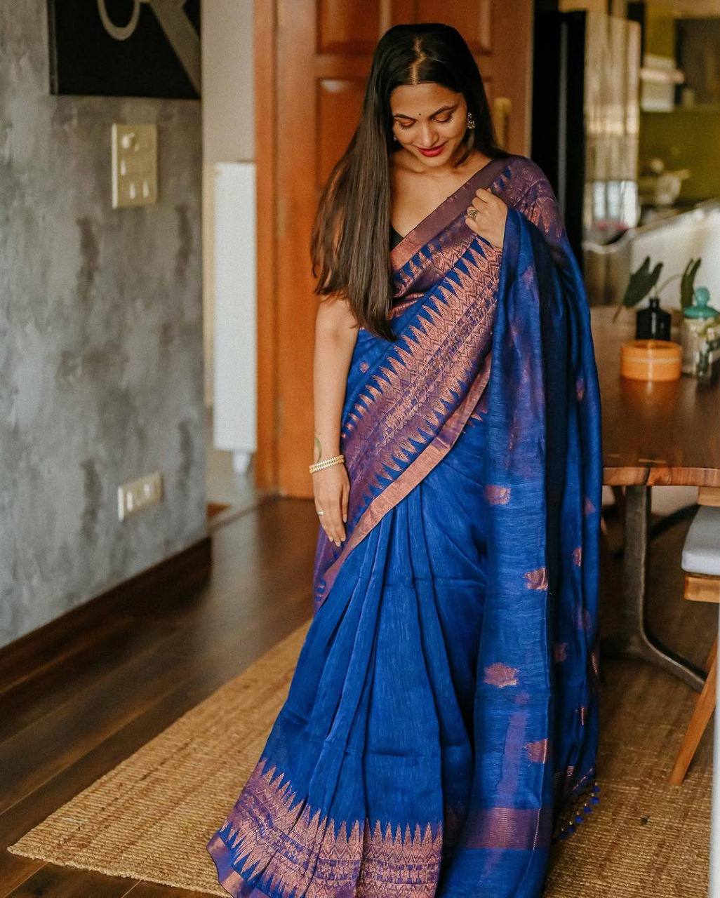 Royal Blue Silk Saree with Pink Zari Buti Work and Contrast Border