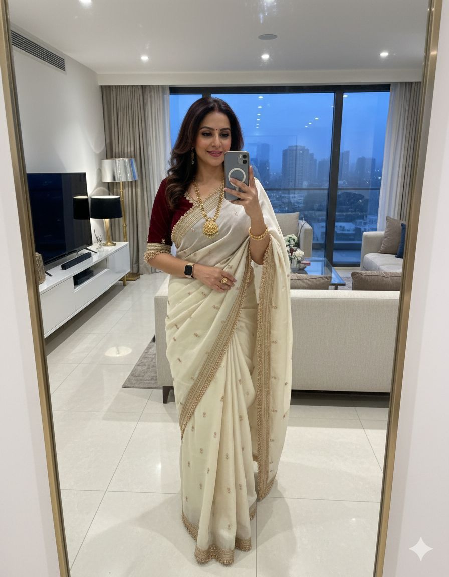 Premium Fendi Fabric Embroidered Party Wear Saree with Heavy Border