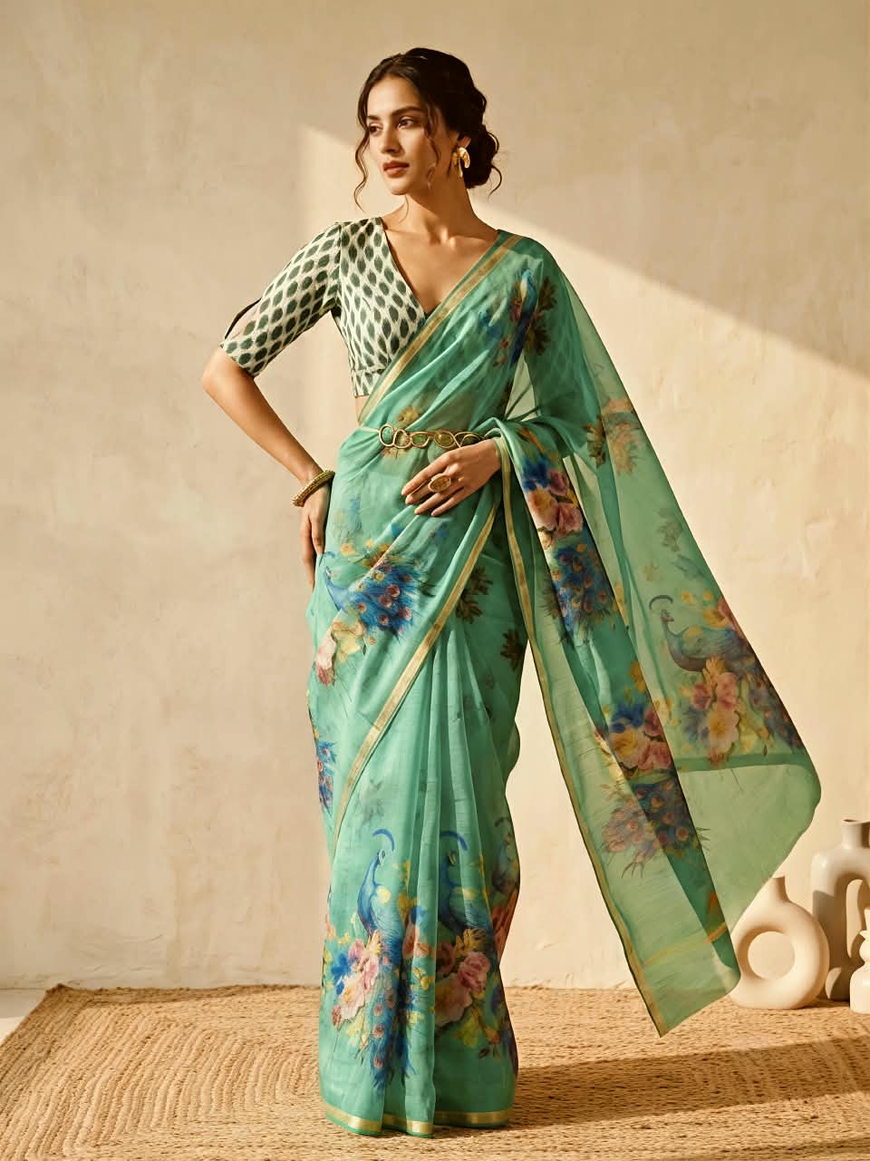 Premium Slub Cotton Saree with Peacock Digital Print, Golden Zari Border & Matching Blouse Piece