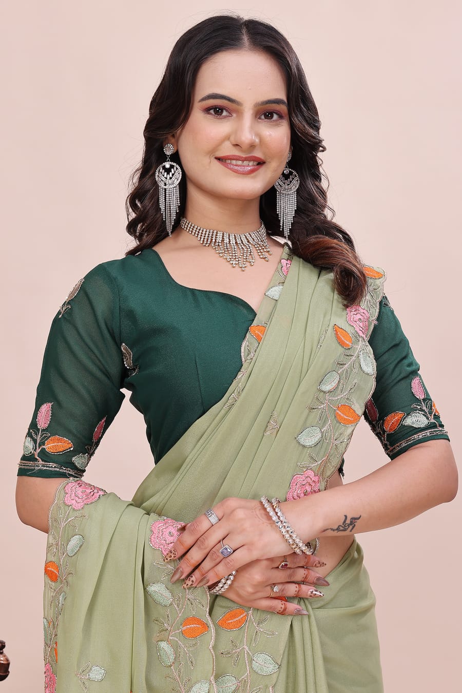 Rose Petal Embroidered Star Georgette Saree with Beads Work Border