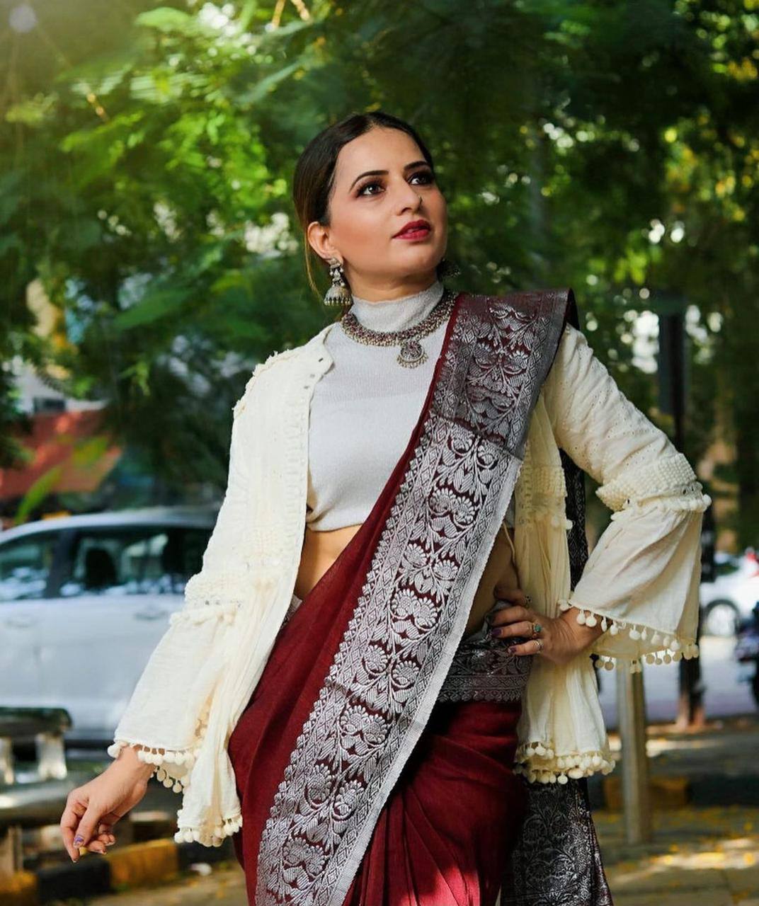 Maroon Banarasi Silk Saree with Silver Zari Border